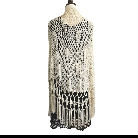 Handmade Unique Design Beige Ivory Fringe Neutral Crochet Wrap  Shawl,  One Size - Picture 2 of 6